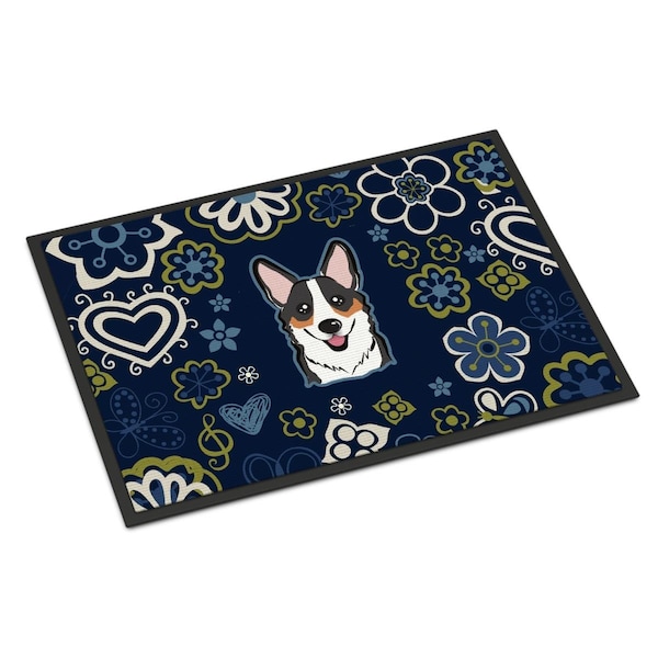 Carolines Treasures 18 x 27 in. Blue Flowers Tricolor Corgi Indoor or Outdoor Mat BB5106MAT - main